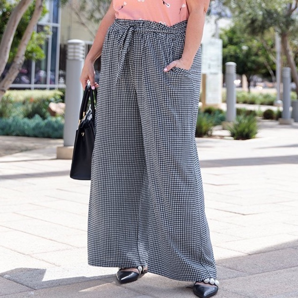 Lularoe DIANNE WIDE LEG PAPER BAG PANT Black White Houndstooth Print NWT